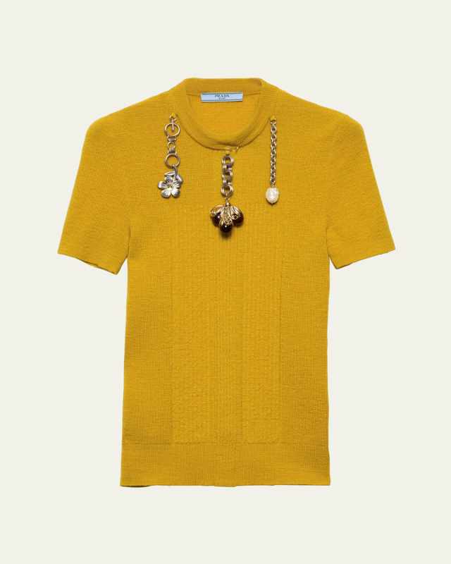 Chain Embroidered Wool Knit Short-Sleeve Sweater